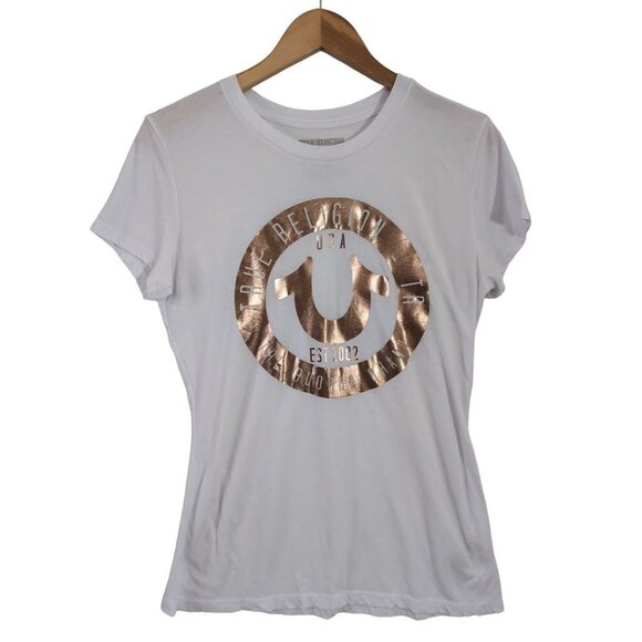 True Religion Tops - True Religion T-Shirt Womens Medium White Short Sleeve Metallic Foil Logo